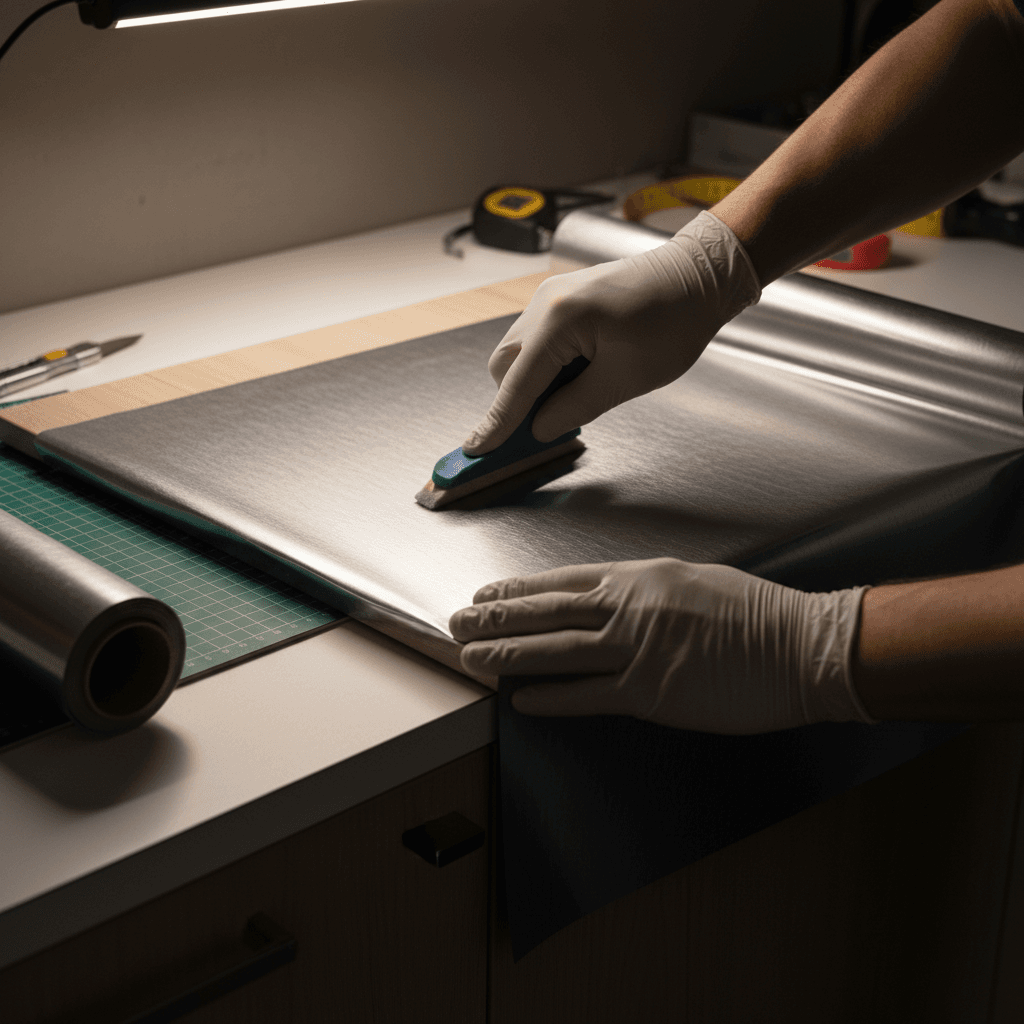 Professional vinyl wrap application showing precision installation technique