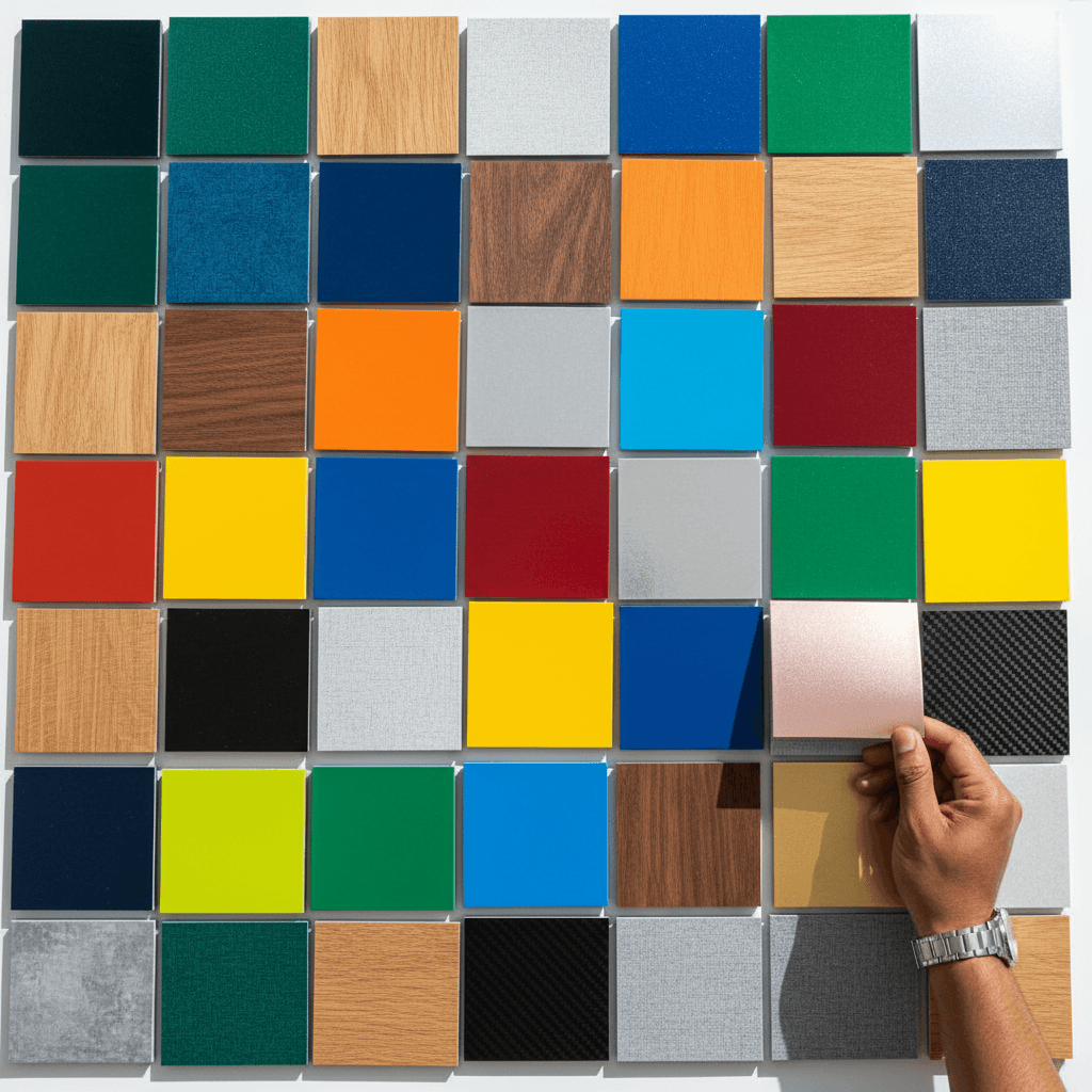 Diverse colour and finish samples for kitchen vinyl wrapping