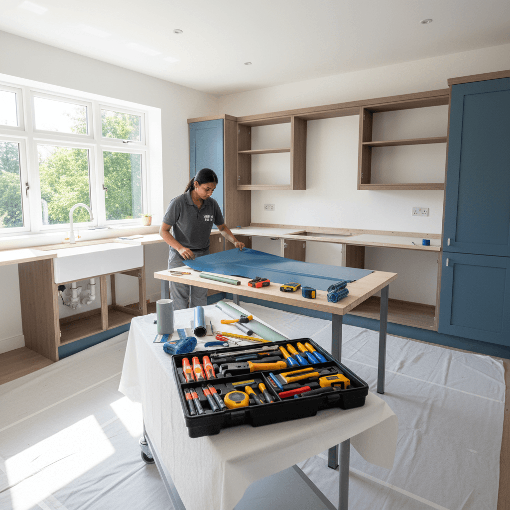 Professional kitchen installation setup with protective coverings and organized workspace