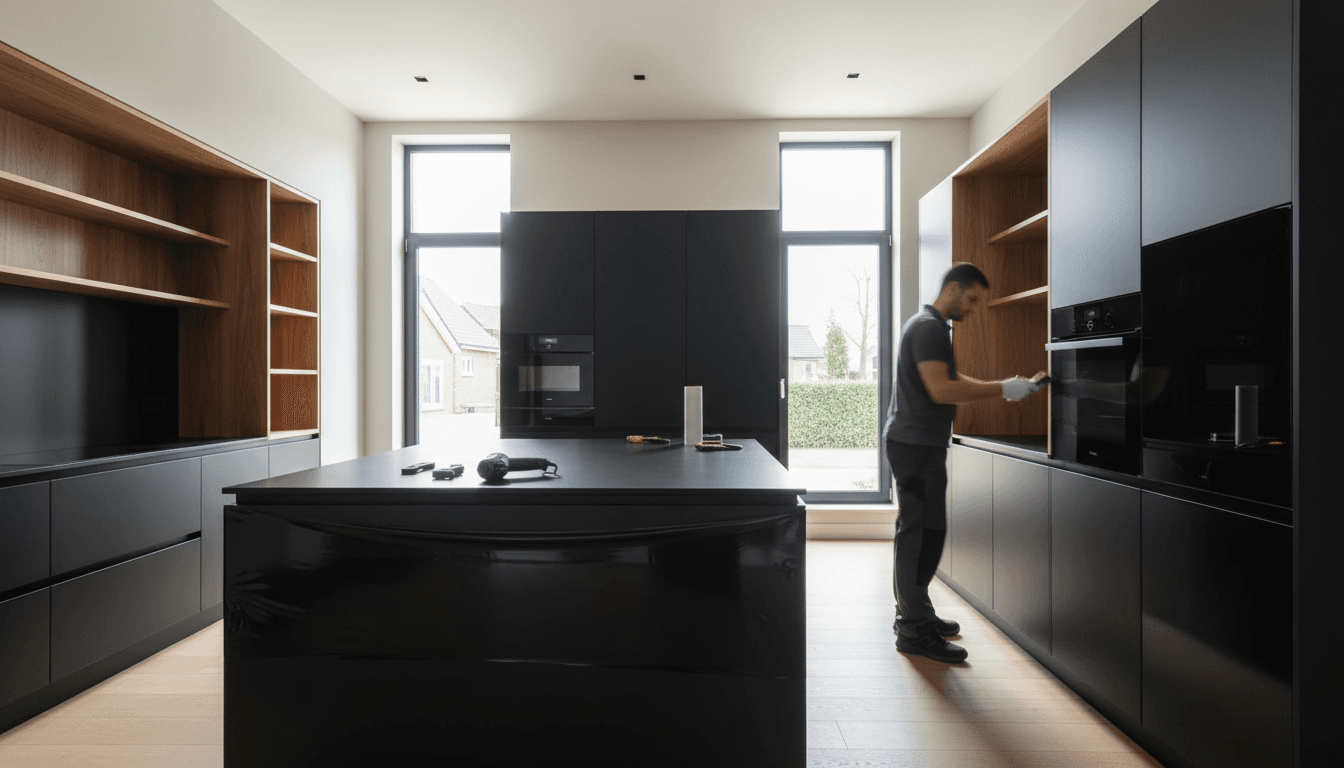 Close-up of premium vinyl wrap being applied to kitchen cabinet with professional precision