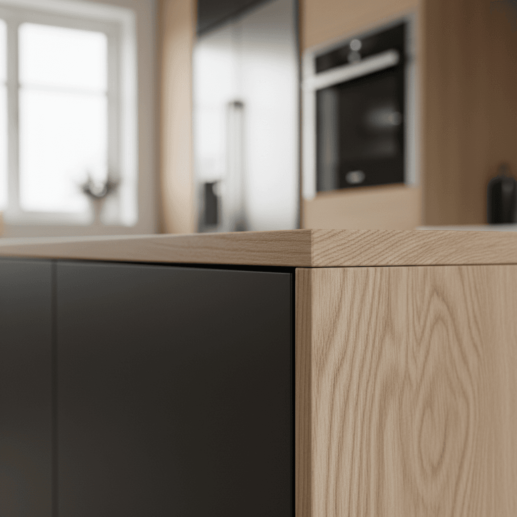 Close-up of vibrant emerald green vinyl-wrapped kitchen cabinet with professional installation detail