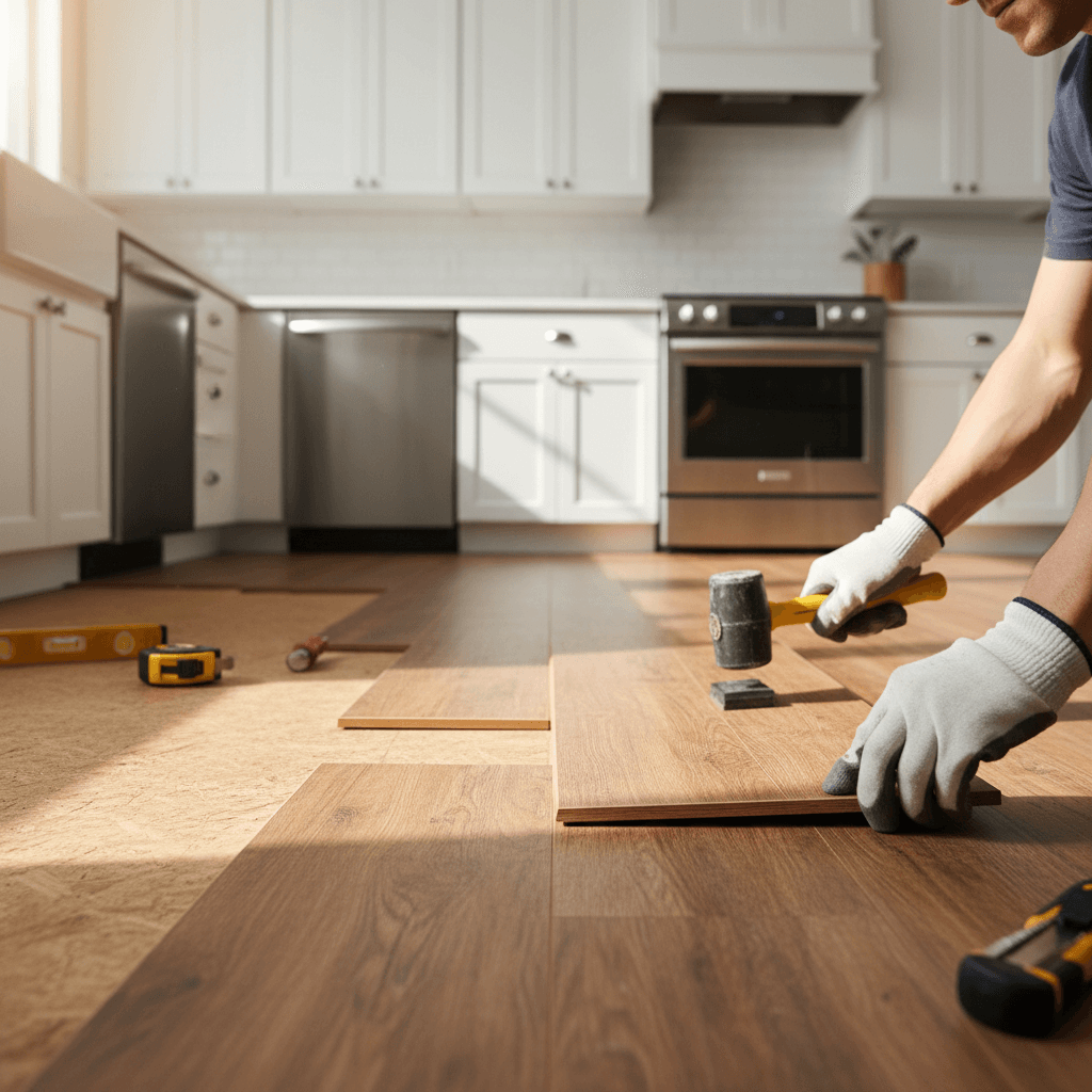 Premium vinyl wrap being applied to kitchen cabinet during installation